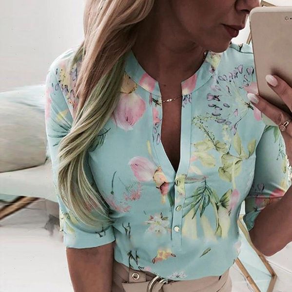 

summer short sleeve casual women shirt floral printed chemise femme blusas para mujer, White