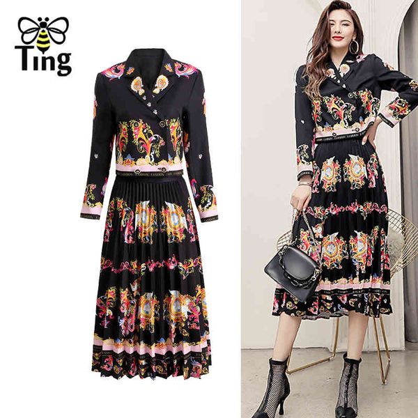 

runway dress set vintage floral print double breasted jacket coat & midi long skirts women 2 pcs fashion outfits za 210513, White