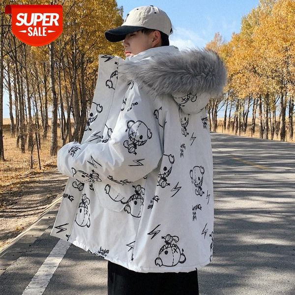 

hong kong-style bear print fur collar cotton-padded jacket men's hooded loose trend thicker #9h4z, Black;brown