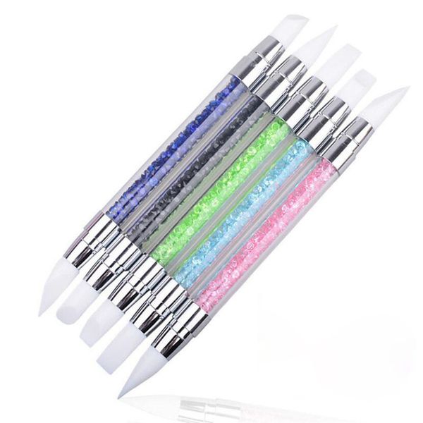 

5pcs double-headed super soft silicone nails dotting tool pencil rhinestone pen nail art brush double head for manicure design nab014, Silver