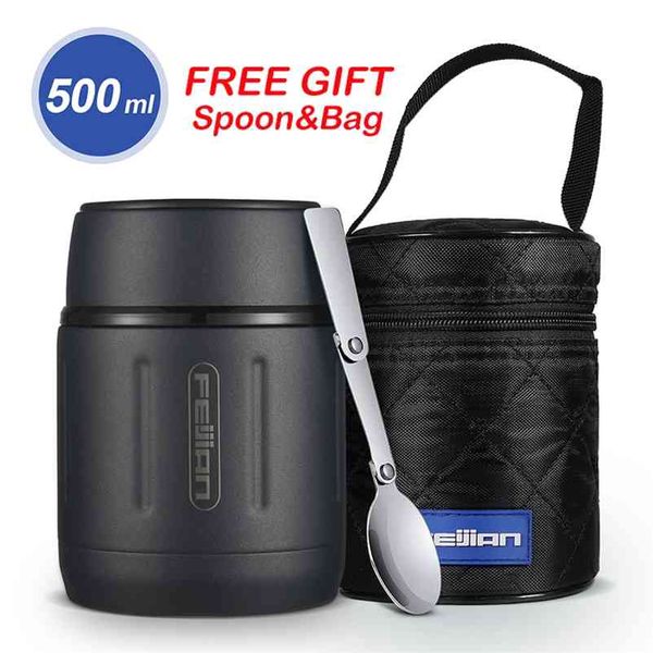 FEIJIAN 500ml/17oz Thermos portatile Lunch Box Contenitori per zuppa di alimenti in acciaio inossidabile 316 Boccette sottovuoto Thermocup 210818