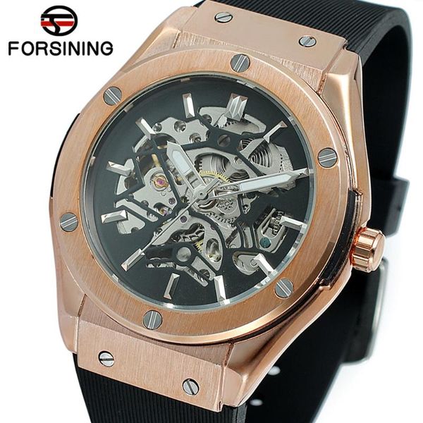 

wristwatches forsining military sports auto mechanical watch men silicone strap skeleton mens watches hip hop punk clock, Slivery;brown