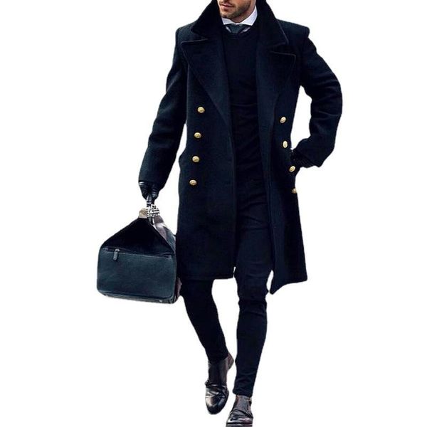 

men's trench coats winter 2021 coat vintage fashion solid warm punk streetwear double breasted slim men coton and wool plus size casaco, Tan;black