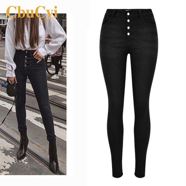 

jeans women's high waist large size buttons casual stretch trousers women denim pants black ny pencil jeans, Blue