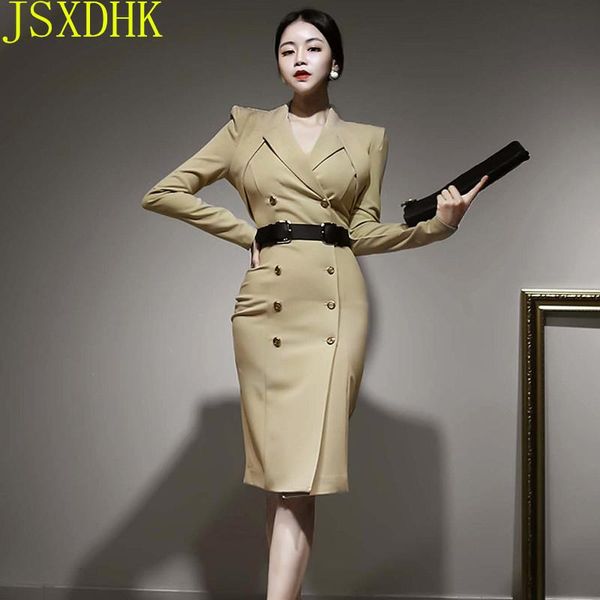 

solid autumn women sheath dress 2021 khaki long sleeve notched suit work office lady professional bodycon dresses casual, Black;gray