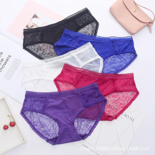 

mesh jacquard stall women's briefs back hip lovely girl lace low waist underwear woman 6876, Black;white