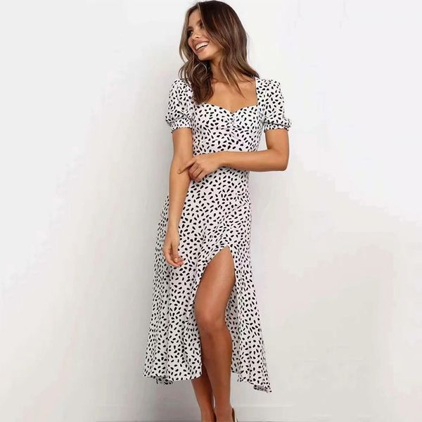 

vintage leopard print slit dress women summer beach holiday maxi long dress chic ruched split zipper dress vestidos 210415, Black;gray