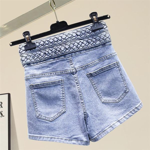 

retro woven high waist jeans shorts women's slim fashion outer wear wide leg short denim pants ladies clothes blue
