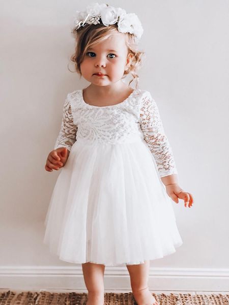 

girl's dresses cute lace baby girl o-neck long sleeves first birthday illusion back short party dress, Red;yellow