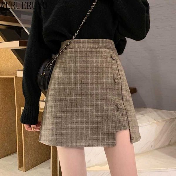

werueruyu retro plaid high waist skirt women's autumn korean-style all-match woolen skirt for women 210608, Black