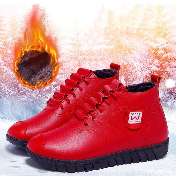 

boots women's leather casual flat bootie ladies plush winter ankle girl vintage waterproof short faux fur female red shoe, Black