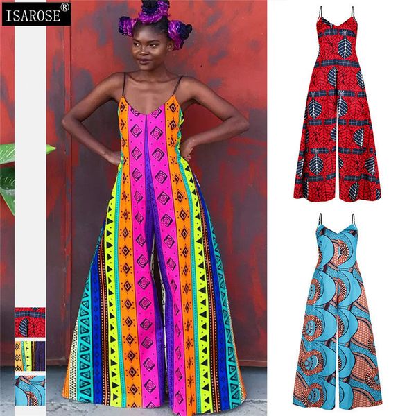

isarose sleeveless jumpsuits for women summer v neck african batik rich printed full length wide pant one-piece jumpsuit 210422, Black;white