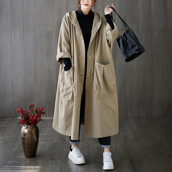 

spring and autumn literature art loose size over the knee long large pocket windbreaker coat women's hooded casual trench coats, Tan;black