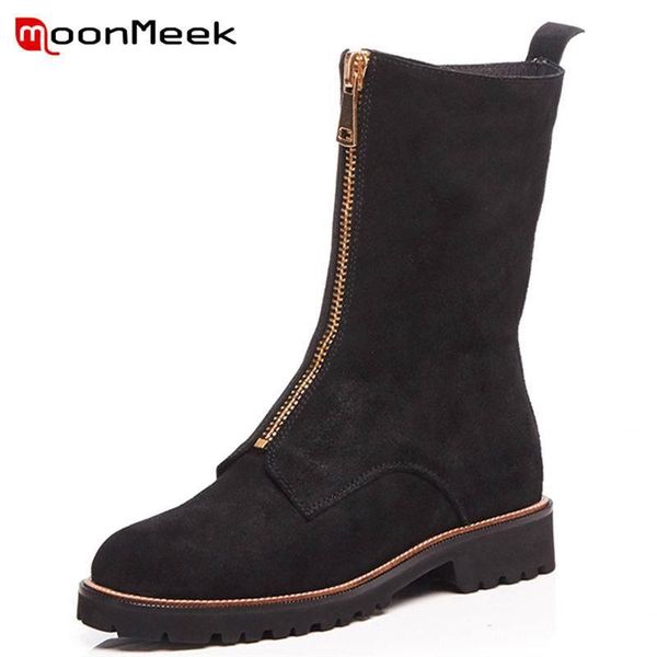 

boots moonmeek 2021 fashion square med heel ankle women zipper cow suede leather round toe sewing winter, Black