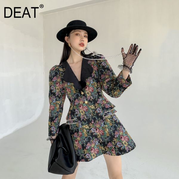 

[deat] new design v-neck collar long sleeve women splicing floral skirt female high waist korea fashion summer gx1208 210428, Black;gray