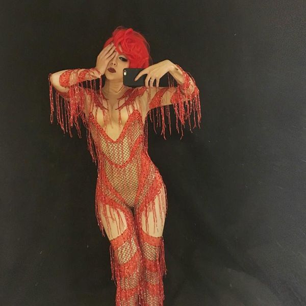 

women's jumpsuits & rompers sparkly red crystals tassel jumpsuit female singer rhinestone stage performance dance wear prom party dj se, Black;white