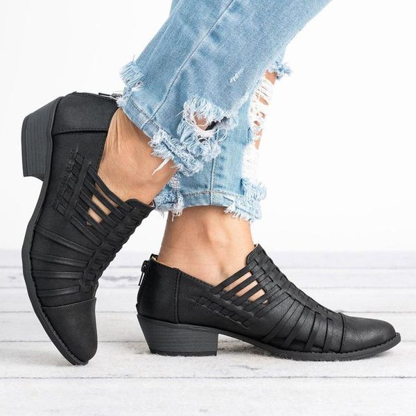 

boots women pointed woman toe ladies pu leather women's low heel zip slip on vintage square heels female shoes plus size, Black