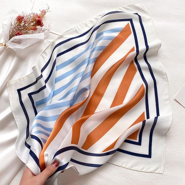 

scarves 70*70cm square silk feel satin scarf fashion women wave striped head skinny retro hair tie band small wrap neck snood, Blue;gray