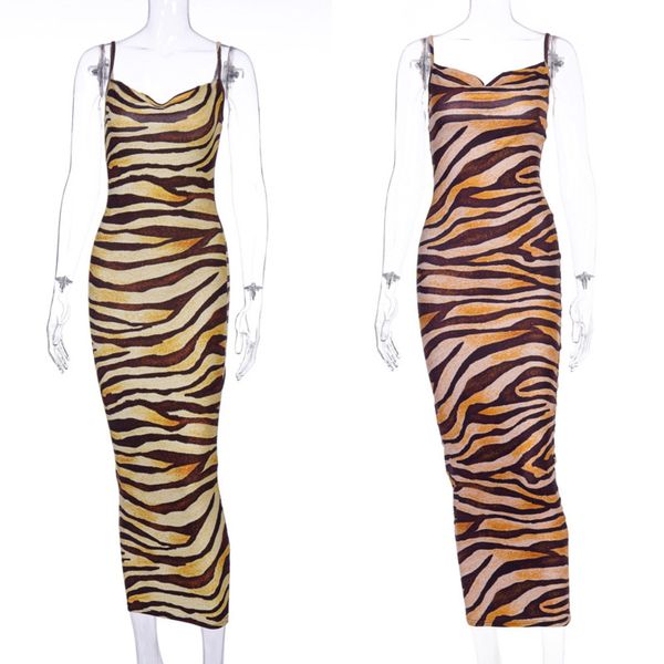 Viifaa Multicolor Zebra Skin Print Летние сексуальные женские Cami длинные платья спагетти ремешок без рукавов тонкая партия крепкого корпуса х0629