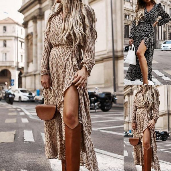 

casual dresses 2021 leopard print women button shirt dress elegant long sleeves belt party autumn bandage vestido, Black;gray