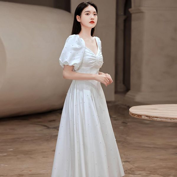 

ethnic clothing french simple white satin pearls beading evening dress for women 2021 elegant aline prom formal party gown, Red