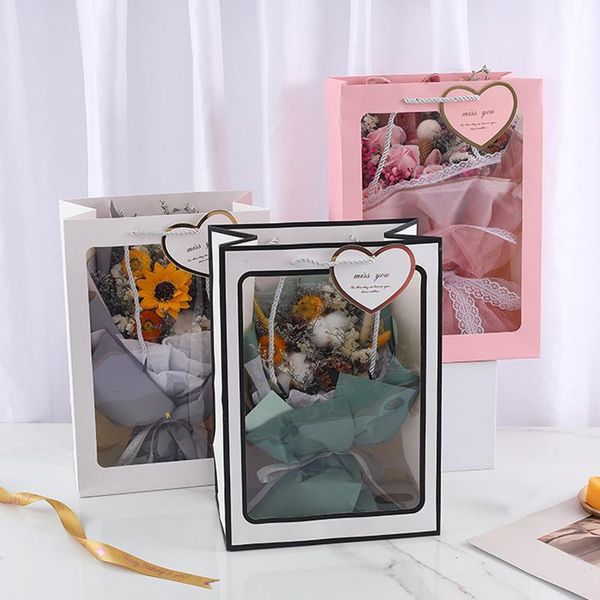 

portable flower box gift tote bag kraft paper bags with handle wedding rose party packaging for candy cake birthday wrap