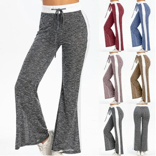 

loose leggings women wide leg pants lace up fitness plus size trousers high waist female patchwork boot cut women's & capris, Black;white
