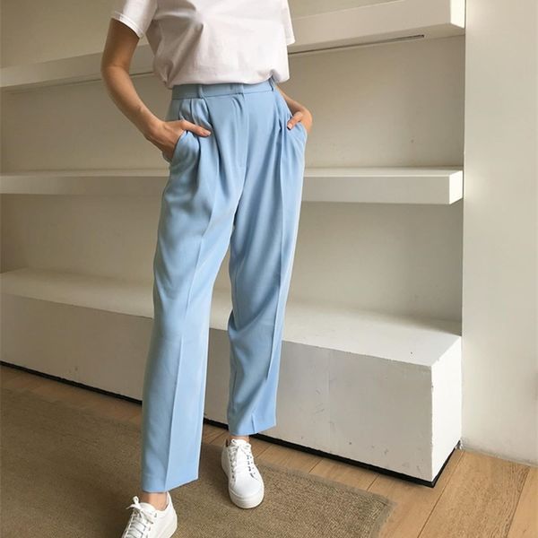 

wotwoy office lady high waist pencil pants women spring solid loose suit elegant zipper pocket black trousers female 210915, Black;white