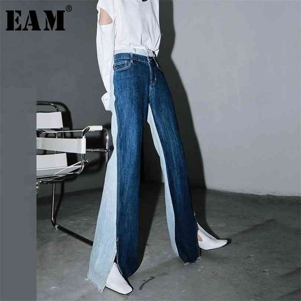 

[eam] blue contrast color split joint long wide leg jeans high waist loose women trousers fashion spring autumn 1t276 210924