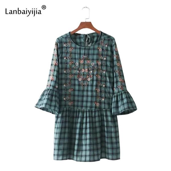 

casual dresses lanbaiyijia est spring dress women o-neck flare sleeve plaid embroidery floral mini high waist straight, Black;gray