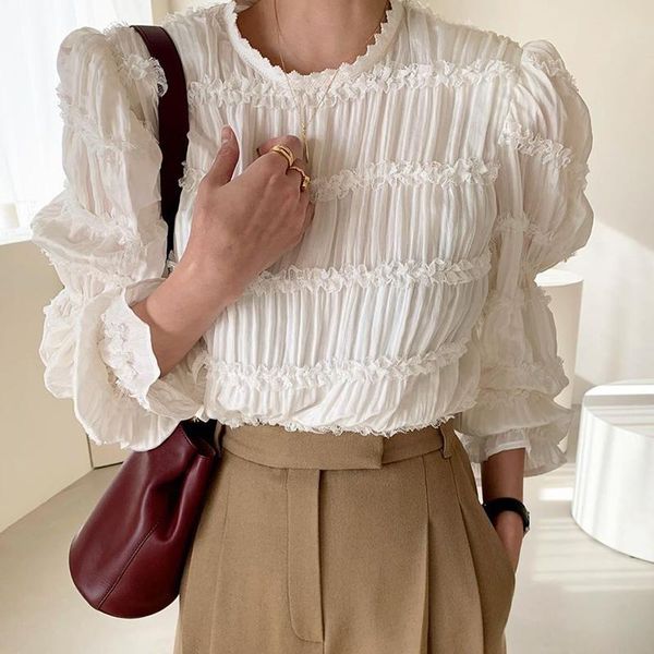 

women's blouses & shirts coigarsam blouse women full sleeve chiffon lace o-neck s fold blusas womens and white black 6390