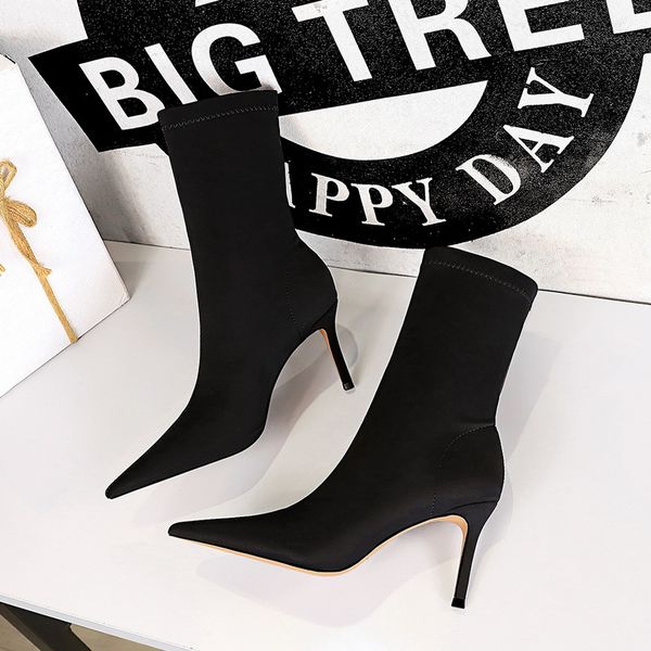 

plus size ladies lycra boots stiletto heel shoes pointed toes kitten pumps winter y27, Black