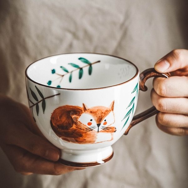 Nordic Stil Retro Handbemalte Keramik Kaffeetasse Teetasse Home Frühstück Milch Becher Kaffeetassen Becher Handbemalte Tier Wasser Tasse 210409