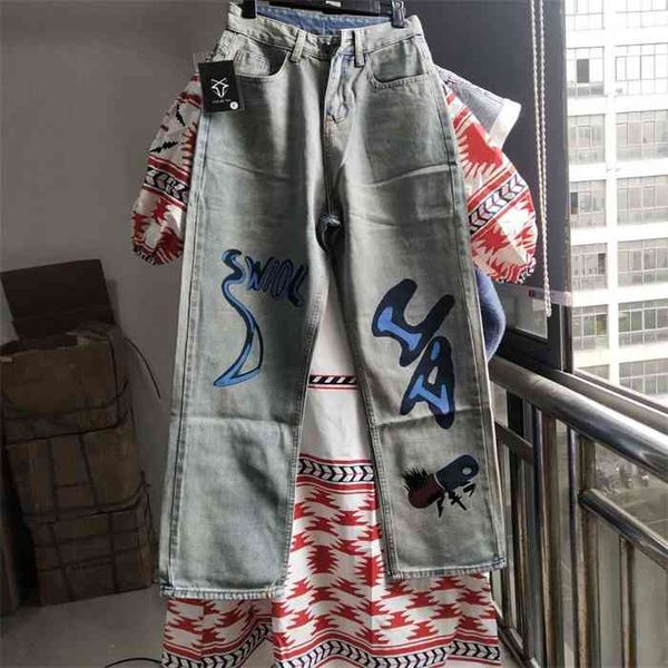 

shengpalae 2021 new summer casual jeans woman long trousers cowboy female loose streetwear hit color graffiti pants za4944, Blue