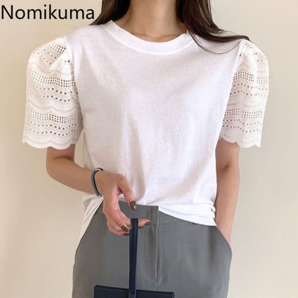 

nomikuma korean loose t shirts women lace hook flower short sleeve tshirts patchworl casual all-match camisetas mujer 210514, White
