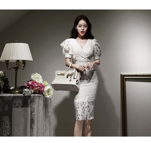 

casual dresses summer fashion korean elegant hollow out dress for women v-neck short sleeve patchwork lace midi female s9o1, Black;gray