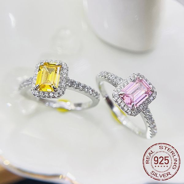 Anéis de casamento para mulheres S925 prata branco / amarelo / rosa 5 * 7mm cúbico zircônia retângulo anel de diamante nupcial propõem engajamento fino jóias anel j-319