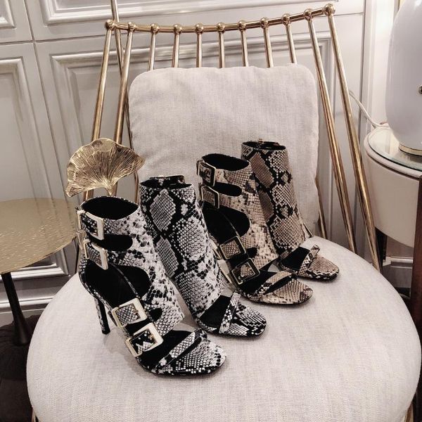 

sandals women shoes snake-print leather open-toes super high heels square toe zapatos de mujer, Black