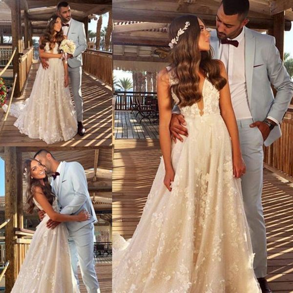 

a line wedding dresses v neck lace appliques bridal gowns white ivory custom new