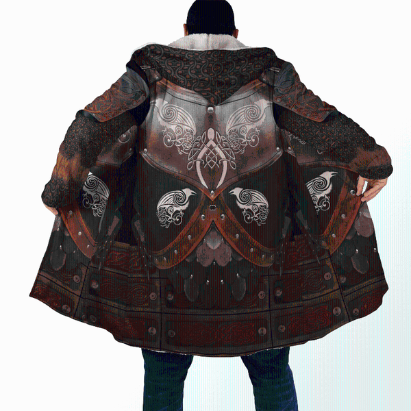 

men's wool & blends winter mens hooded cloak viking armor tattoo symbol 3d printing fleece wind breaker casual thick warm hood pf13, Black