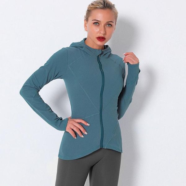 

yoga outfit women long sleeve hooded zipper jacket fitness sport wear elastic thumb hole fitted gym shirt workout t-shirt