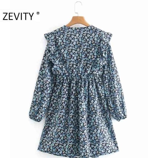 

zevity new women fasion v neck flower print press pleats mini dress office ladies long sleeve casual slim ruffles vestido ds4603, Black;gray