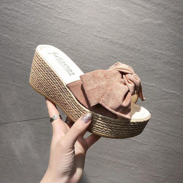 

slippers women summer female wear 2021 fashion bow knot thick bottom wedge slides beach flip flops outdoor, Black