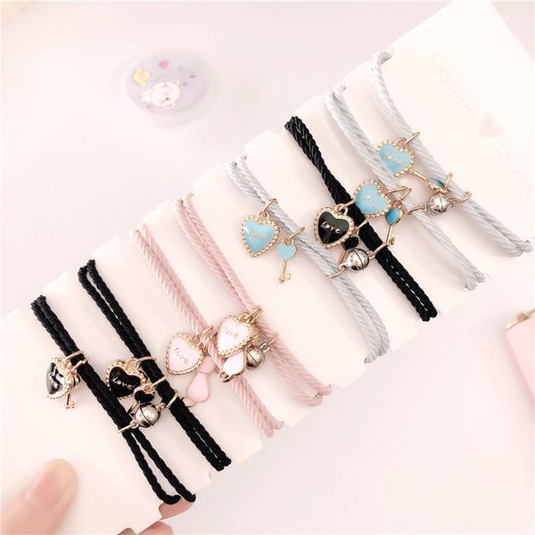 

charm bracelets 2pcs couple models magnetic bracelet hair rope girl love key small rubber band girlfriend accessories headdress, Golden;silver
