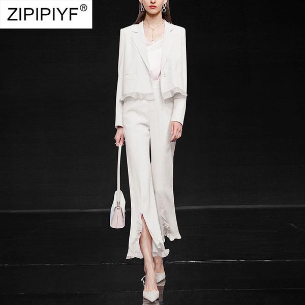 

women's two piece pants 2021 summer runway fashion notched neck long sleeve ruffles design one button blazers high waist flare pant wom, White