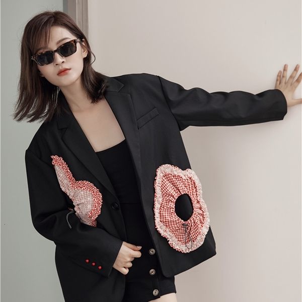 

women's trench coats fashion blazer women designer jacket spring autumn black coat floral patch suit korean outwear 7eqk, Tan;black