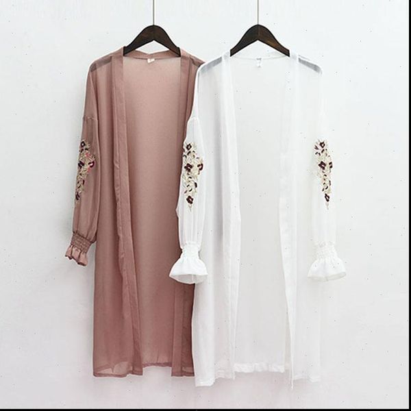 

summer kimono womens shirts cardigan women floral embroidery chiffon blouse korean flare sleeve long shirt beach fashion design, White