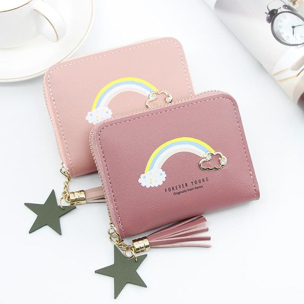 

wallets ladies wallet short cartoon mini rainbow large capacity little girl zipper bag coin purse, Red;black
