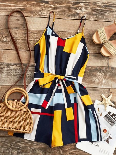 

geo print self tie cami romper b1ey#, White