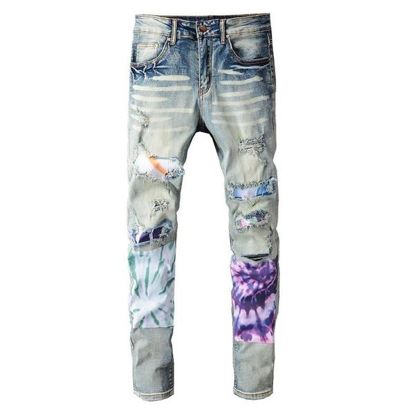 

men's jeans brand designer hi street destroyed denim pants with patches fashion streetwear ripped slim fit trousres big size 40, Blue